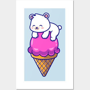 Cute Polar Bear On Ice Cream Cone Cartoon Posters and Art